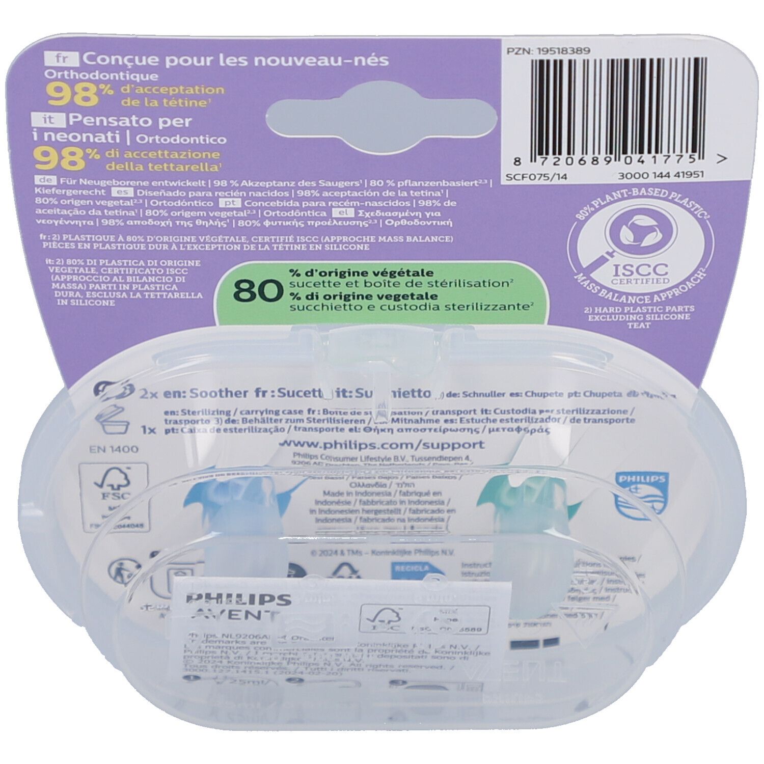 Dos de l'emballage avec informations sur le produit et logo. Contient des informations sur la composition et les certifications.