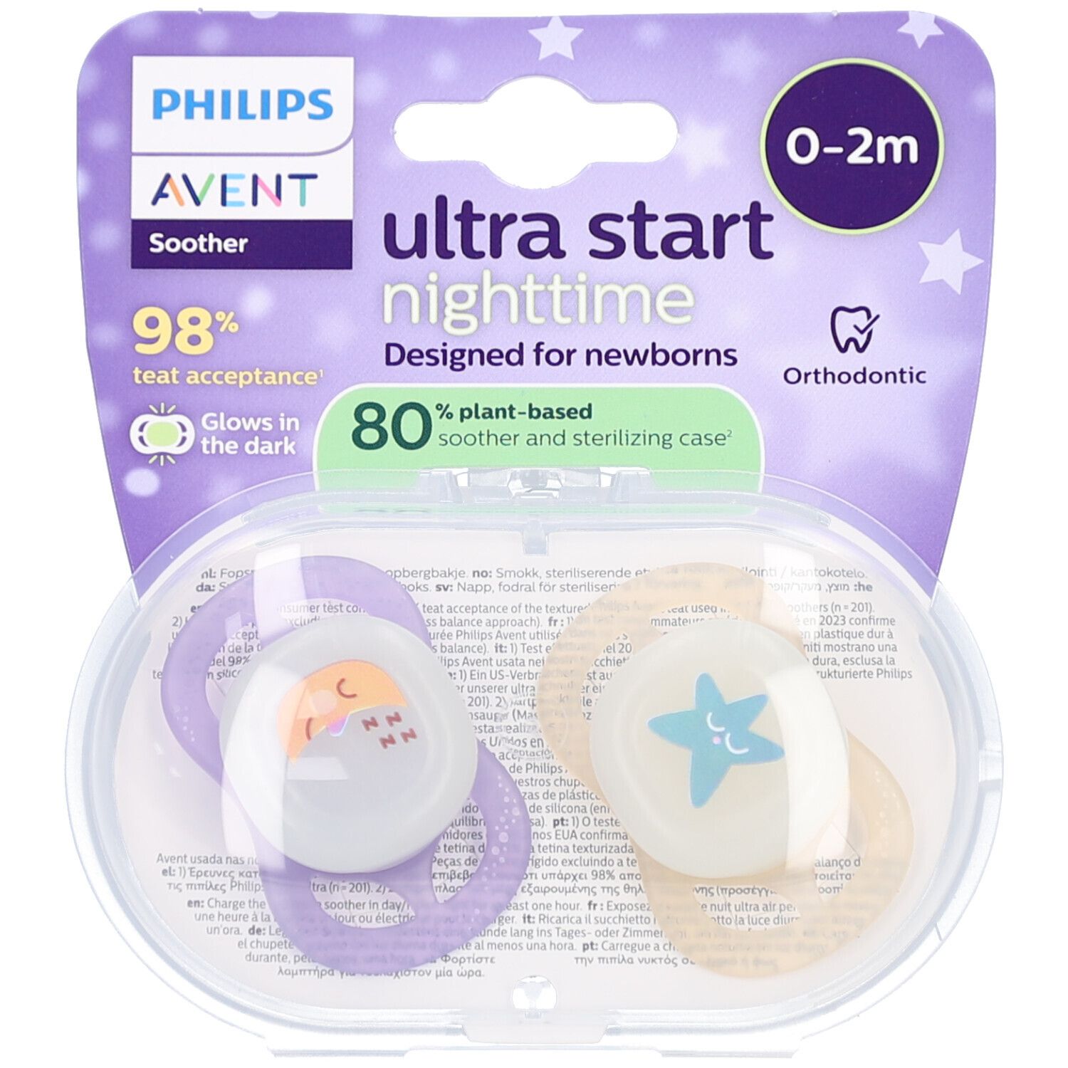 Emballage de deux sucettes. Une avec une étoile, une avec une lune. Les deux dans une boîte de rangement transparente.