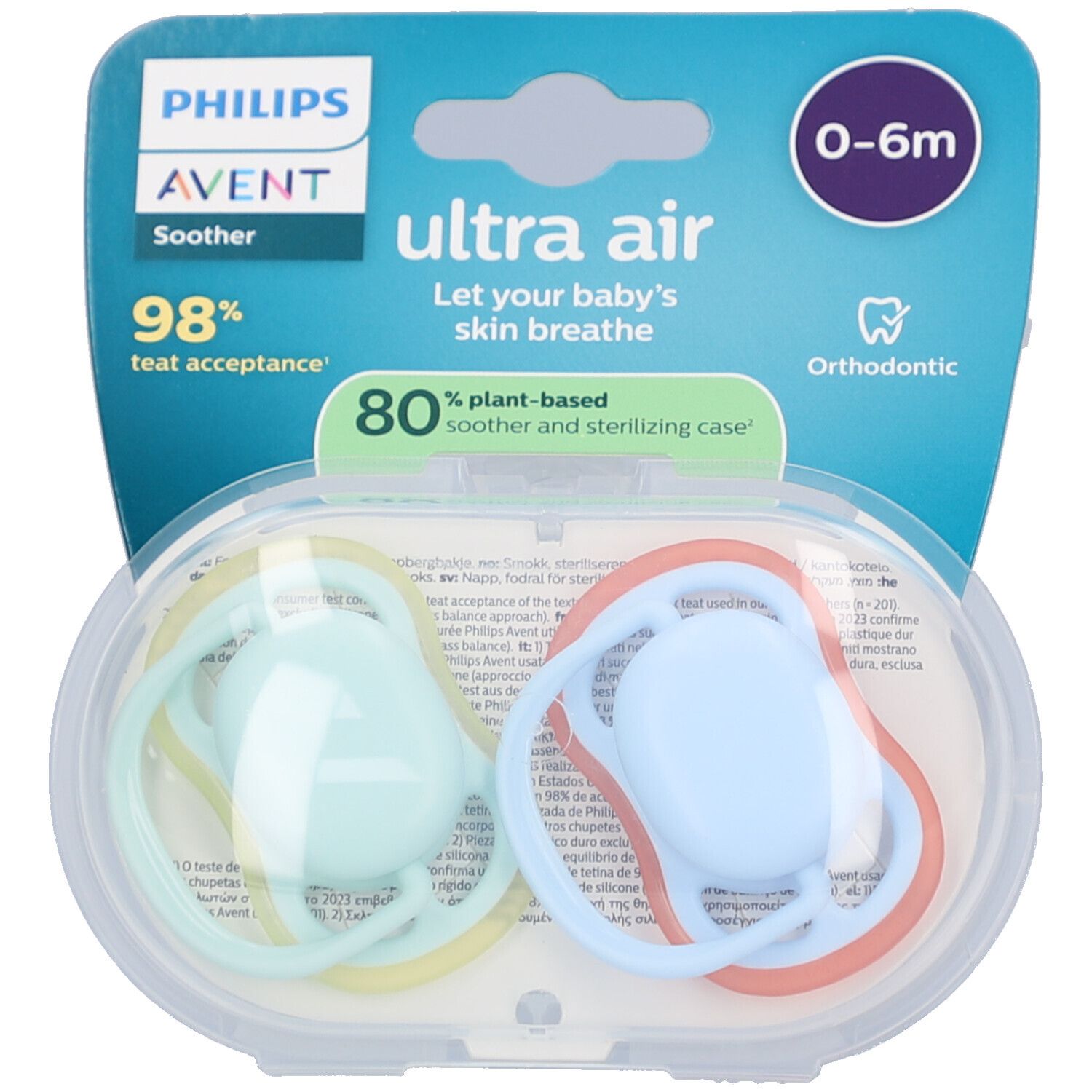Twee fopspenen in transparante verpakking. Groen en blauw. Opschriften: Philips Avent, Ultra Air, 0-6m.