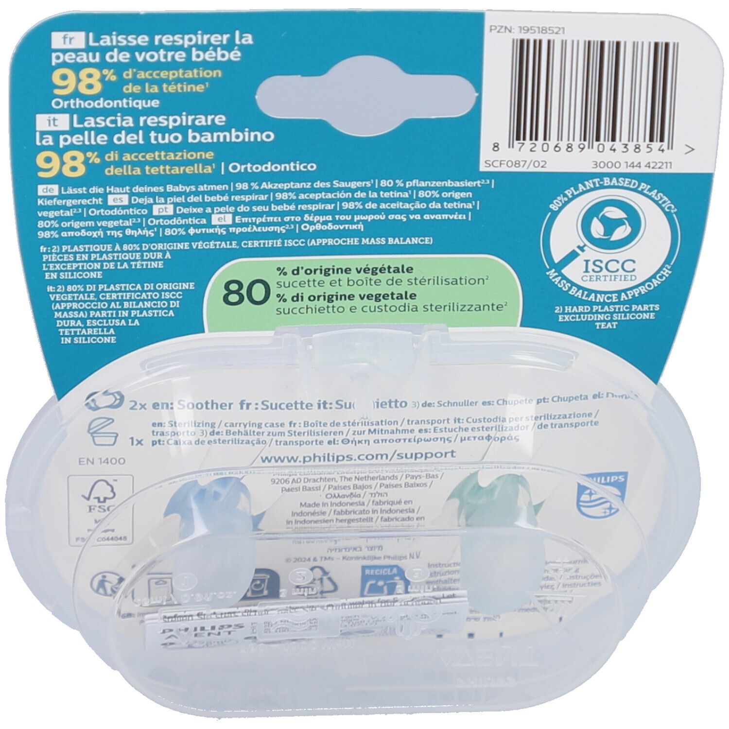 Achterkant van de verpakking met productinformatie en certificeringen. Transparante plastic verpakking met twee fopspenen.