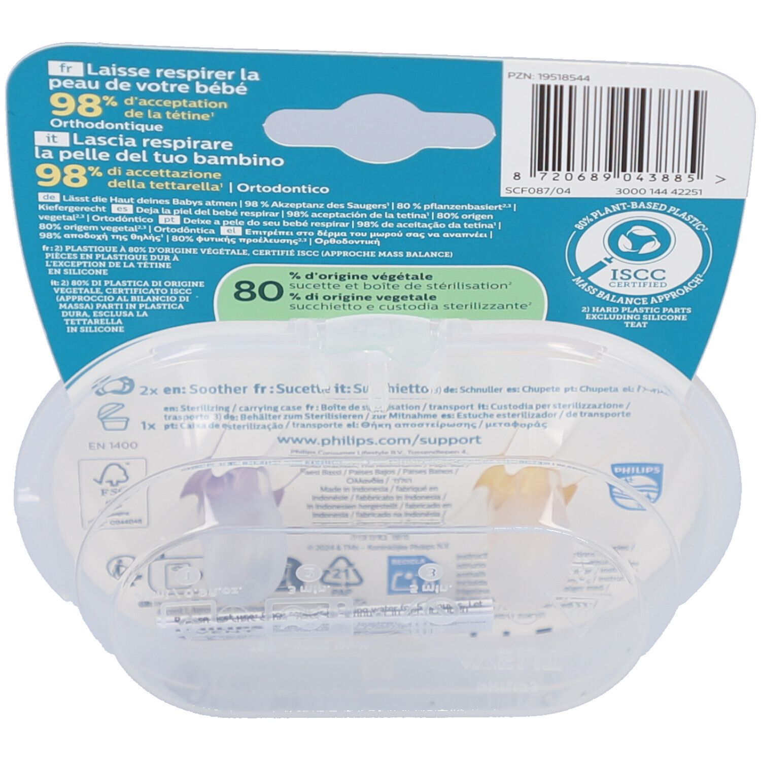 Achterkant van de verpakking met twee fopspenen. Transparante plastic verpakking. Tekst in meerdere talen. Barcode en logo.