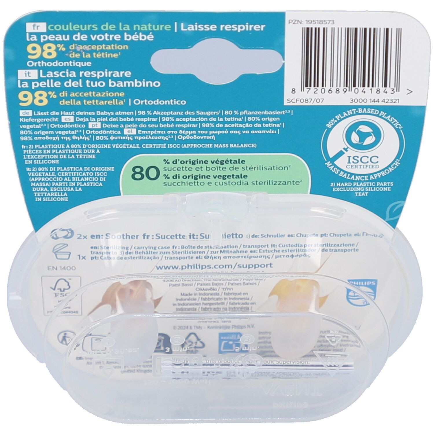 Achterkant van de verpakking met productinformatie en certificeringen. Transparante hoes met twee fopspenen.