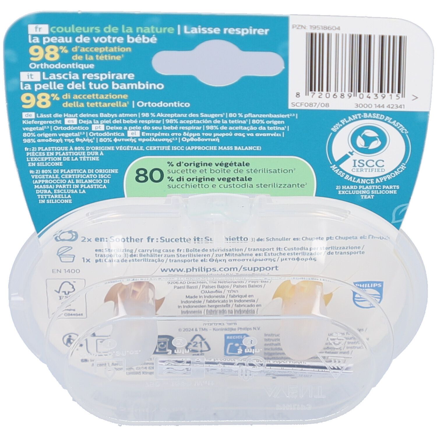 Dos de l'emballage avec informations produit. Boîte de rangement transparente. 80% végétal.