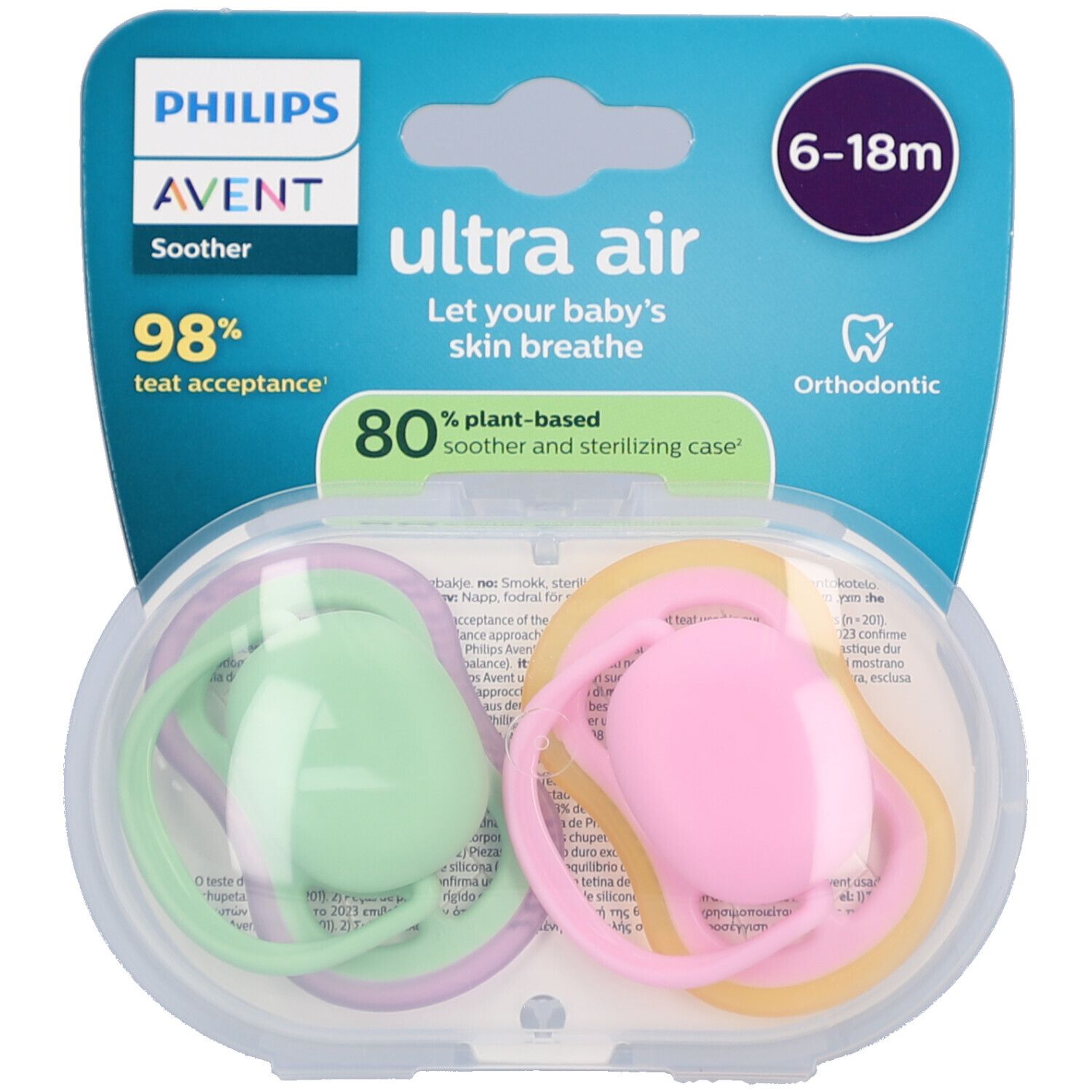 Twee roze en groene fopspenen in een transparante hoes. Verpakking met merklogo en tekst. Leeftijd: 6-18 maanden.