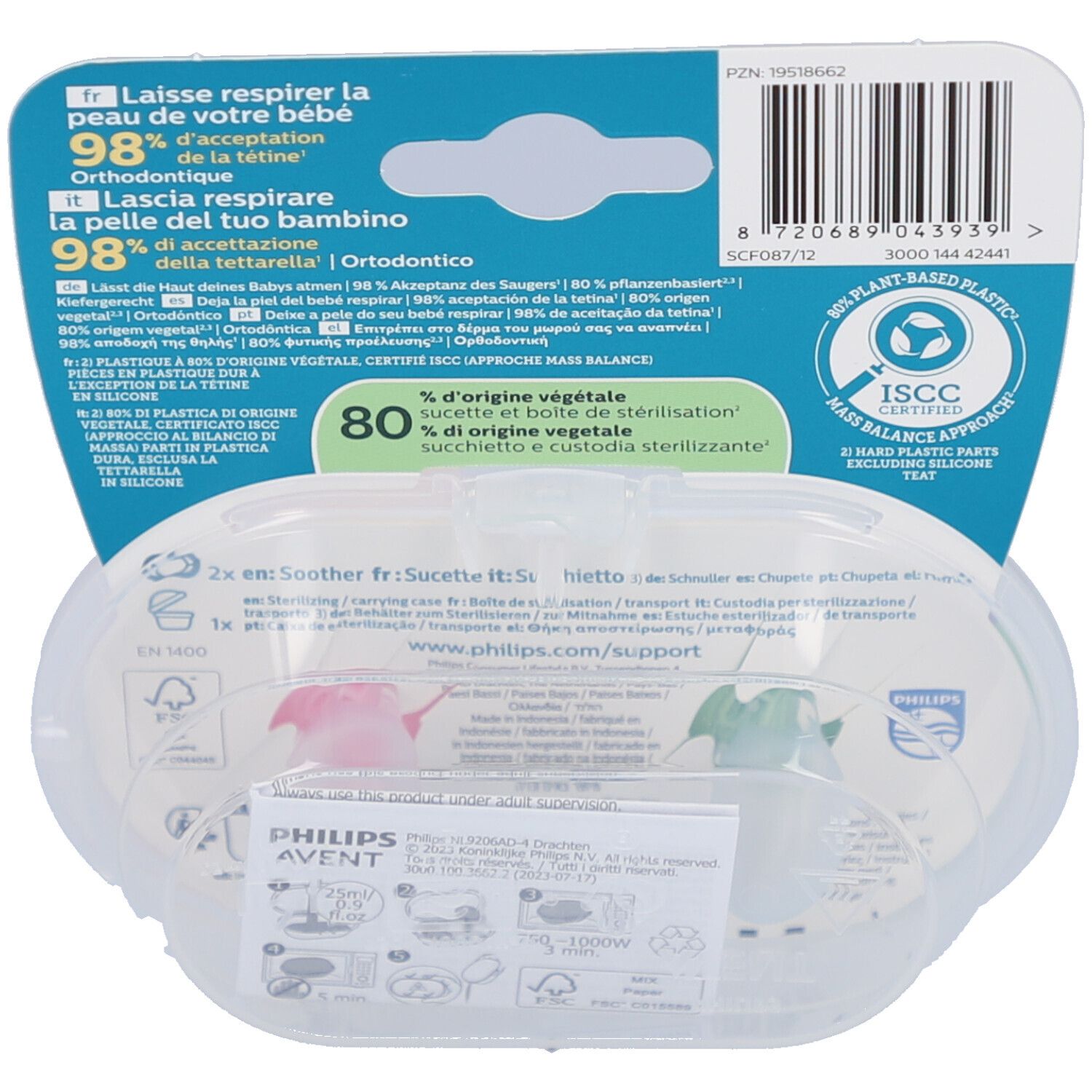 Achterkant van de verpakking met productinformatie en barcode. Bevat twee fopspenen in een transparante hoes.