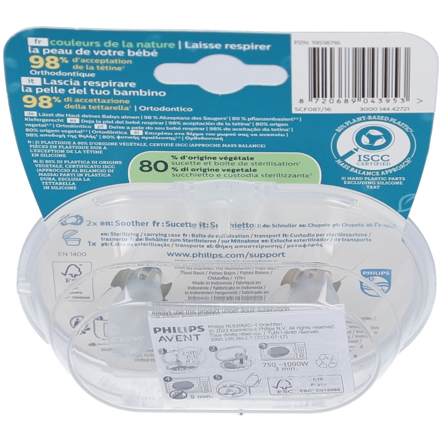 Dos de l'emballage avec informations produit et certifications. Deux sucettes dans l'étui stérilisable.