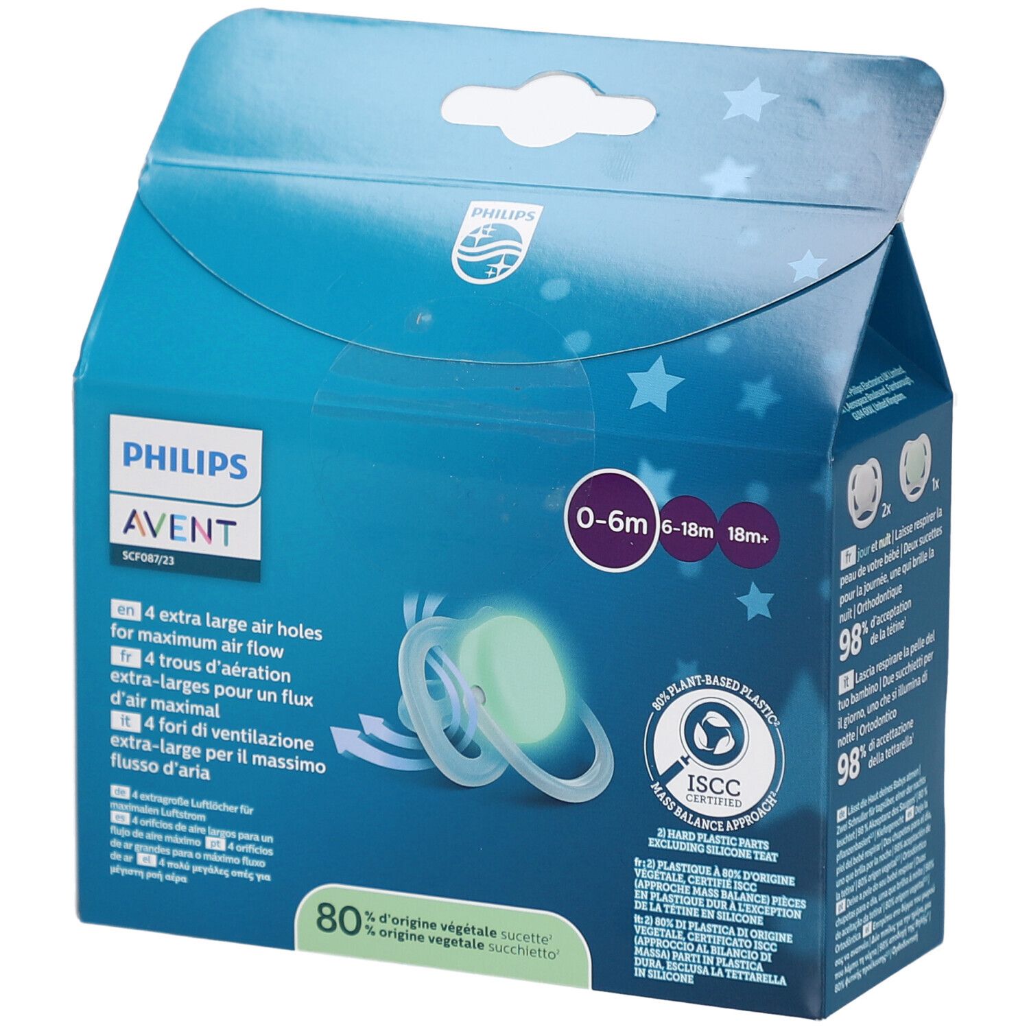 Emballage de trois sucettes. Visible: Philips Avent, 0-6m. Quatre grands trous d'aération. Matériau certifié ISCC.