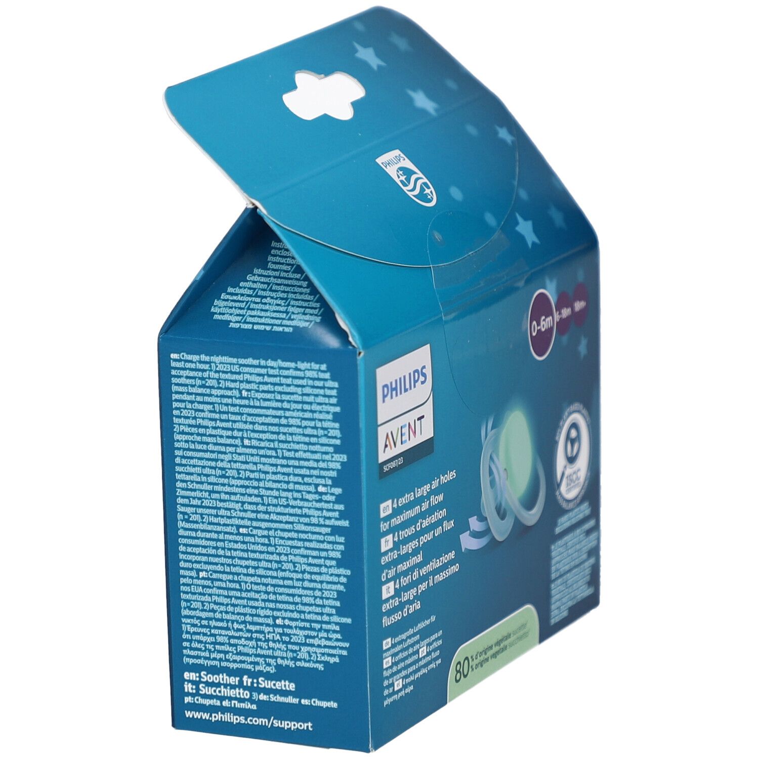 Emballage de trois sucettes. Visible: Philips Avent, 0-6m. Quatre grands trous d'aération. Matériau certifié ISCC.