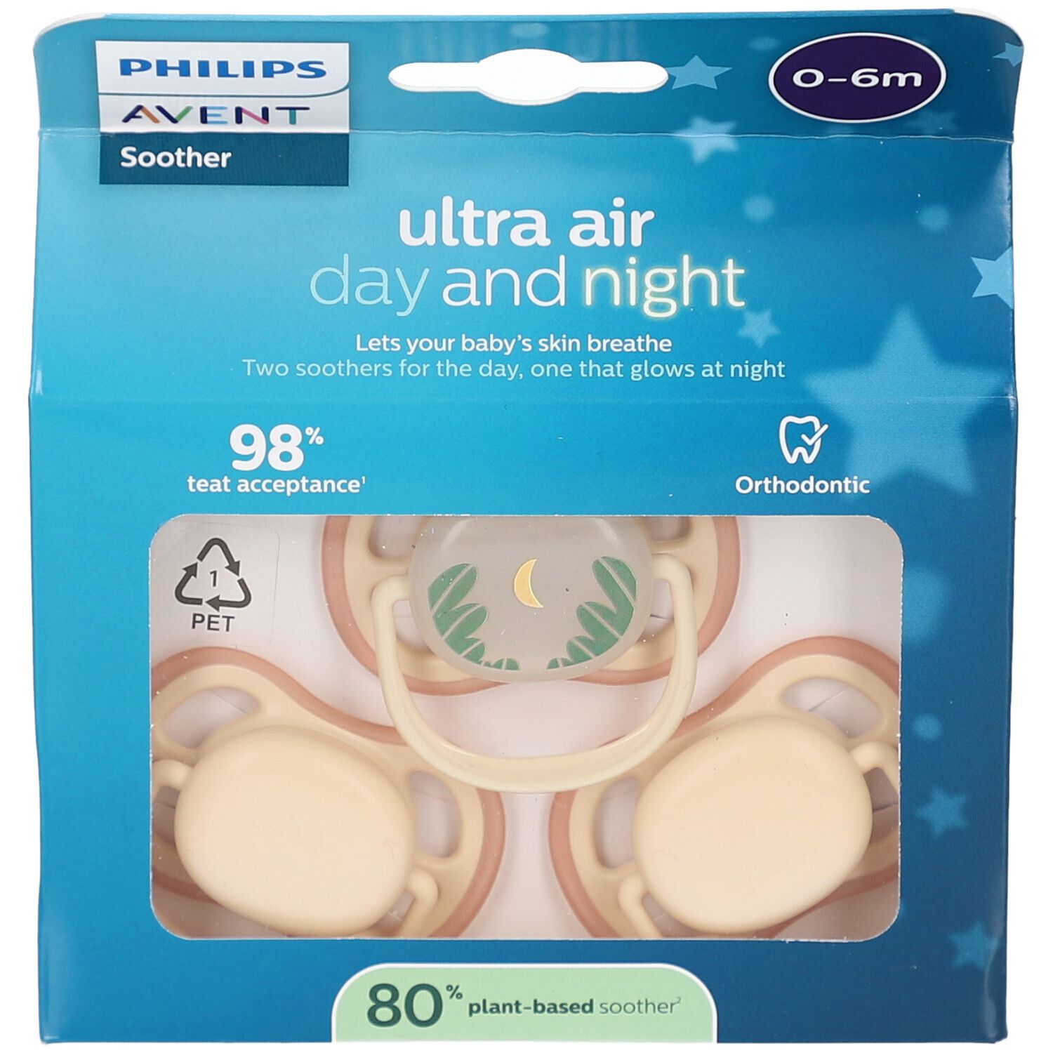 Emballage de trois sucettes. Visible: Philips Avent, Ultra Air, 0-6m. Deux sucettes pour le jour, une qui brille la nuit.