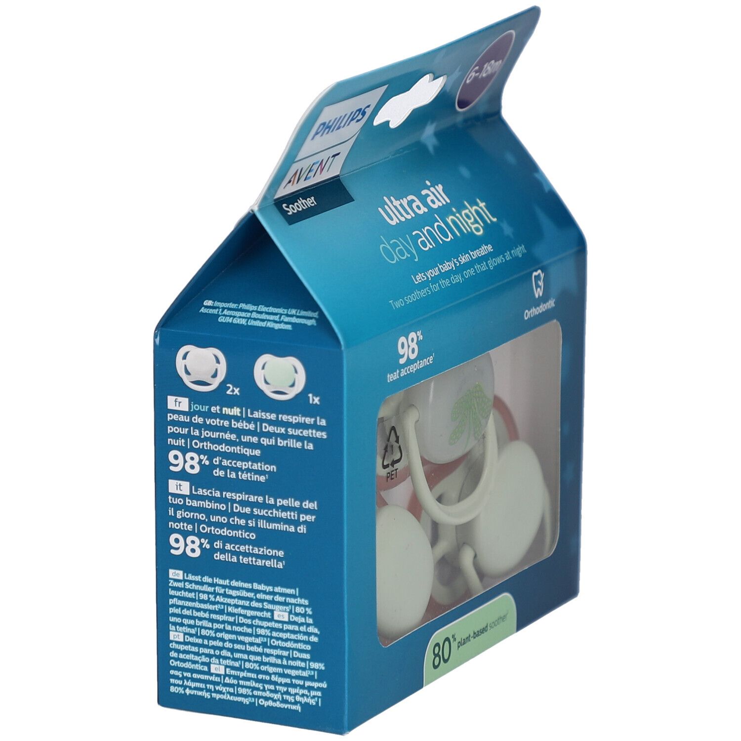 Verpakking Philips Avent fopspenen. Tekst: Ultra Air Day and Night, 6-18m, 98% acceptatie. Twee spenen zichtbaar, één lichtgevend.