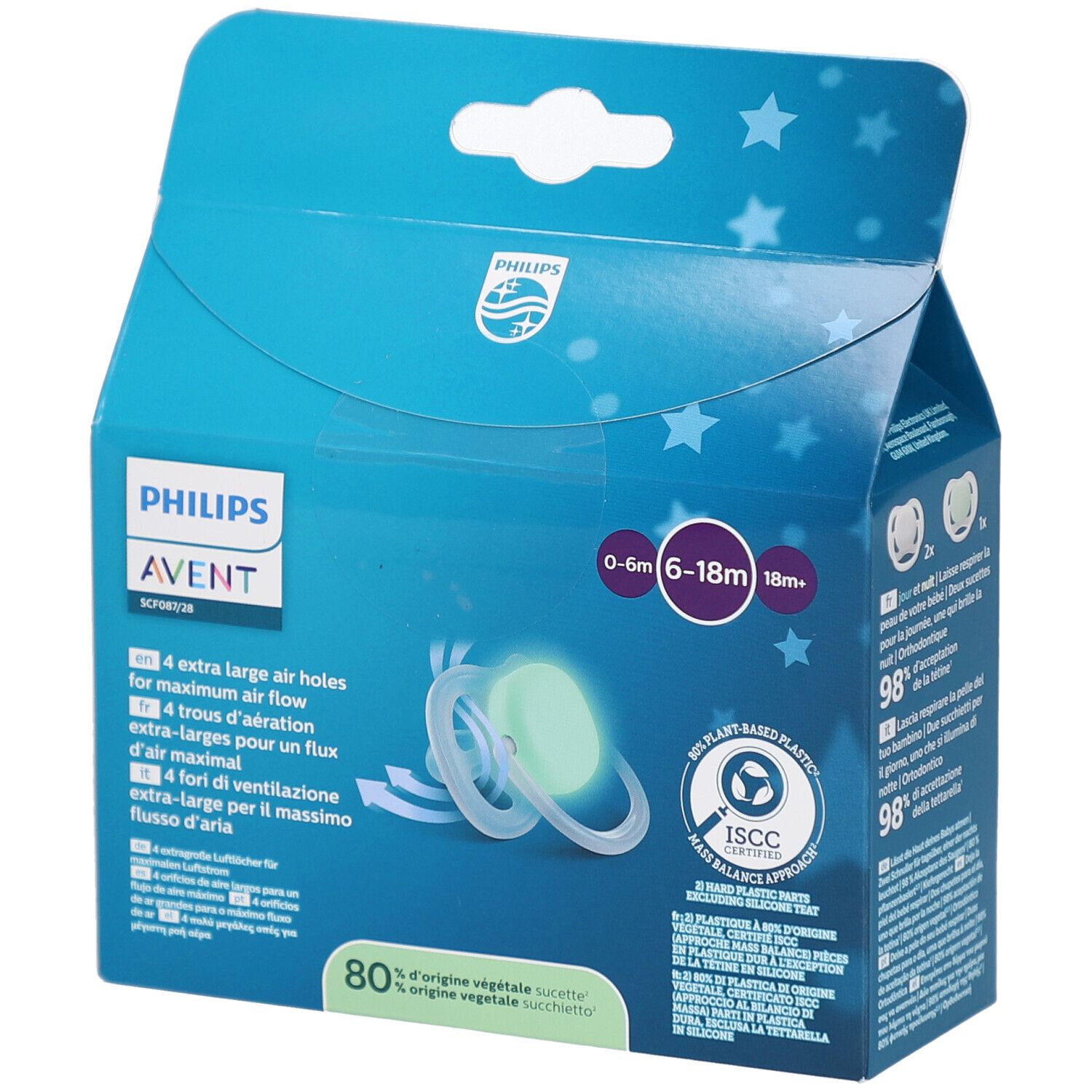 Verpakking Philips Avent fopspenen. Tekst: 0-6m, 6-18m, 18m+. Vier grote luchtgaten. Eén speen lichtgevend. ISCC-certificering.