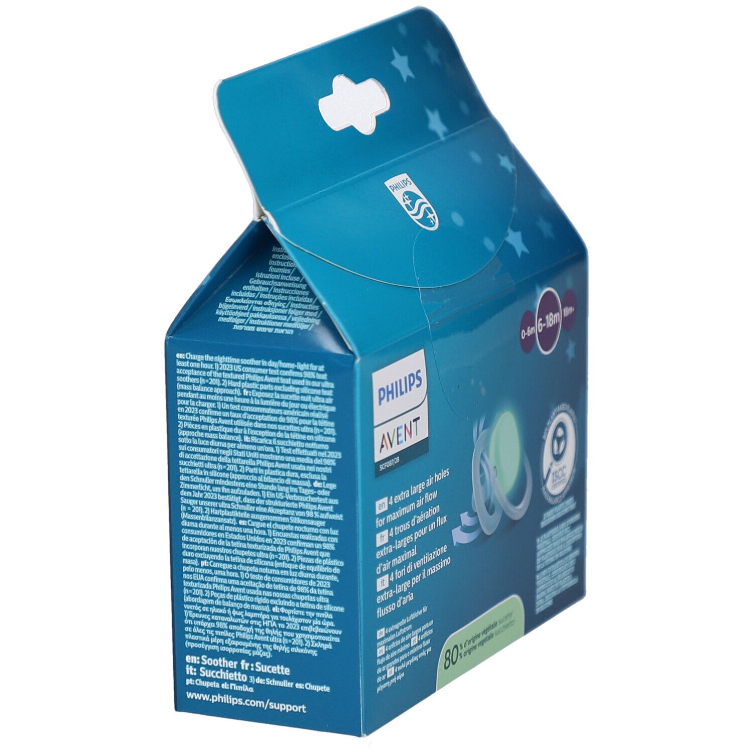 Verpakking Philips Avent fopspenen. Tekst: 6-18m. Vier grote luchtgaten. Eén speen lichtgevend. ISCC-certificering. 80% plantaardig.