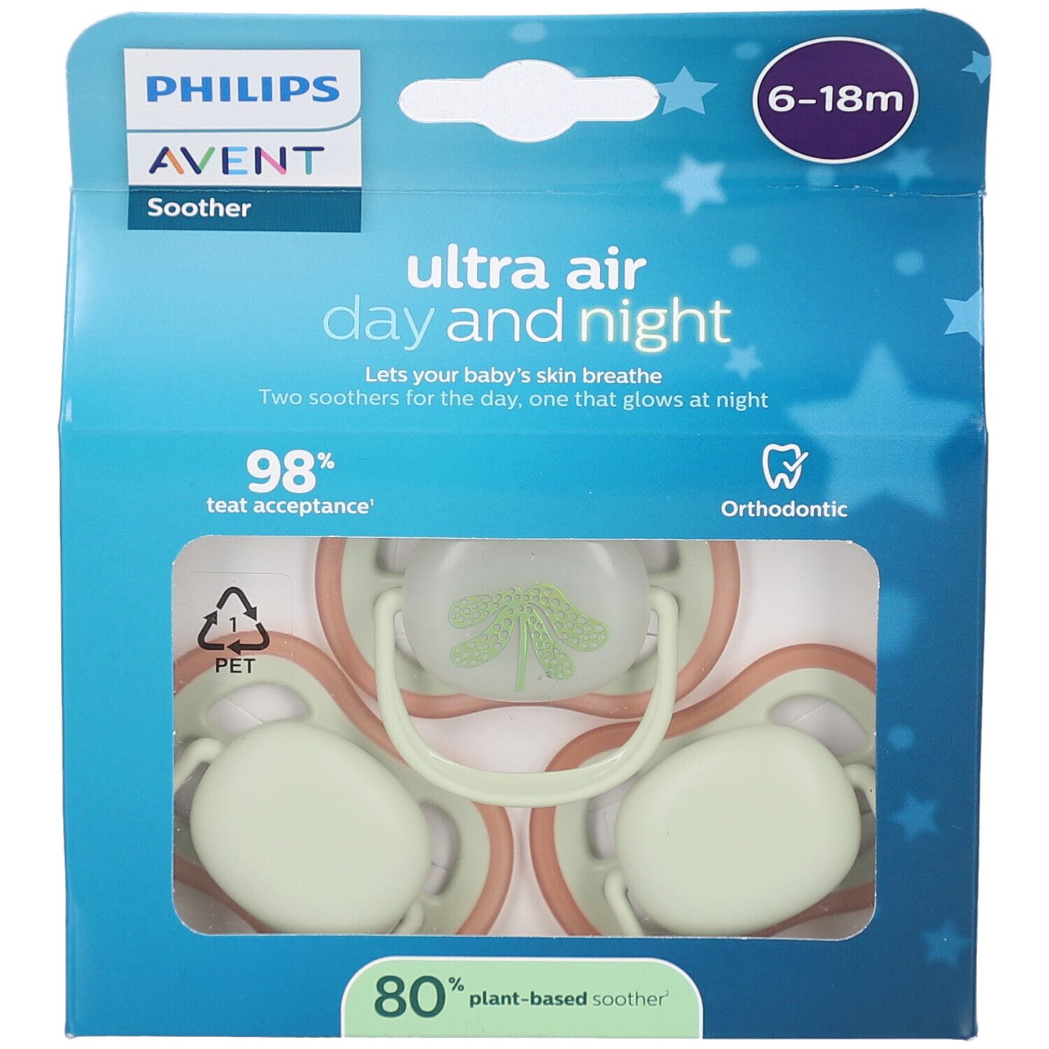 Verpakking Philips Avent fopspenen. Tekst: Ultra Air Day and Night, 6-18m, 98% acceptatie, Orthodontisch. Drie spenen zichtbaar.