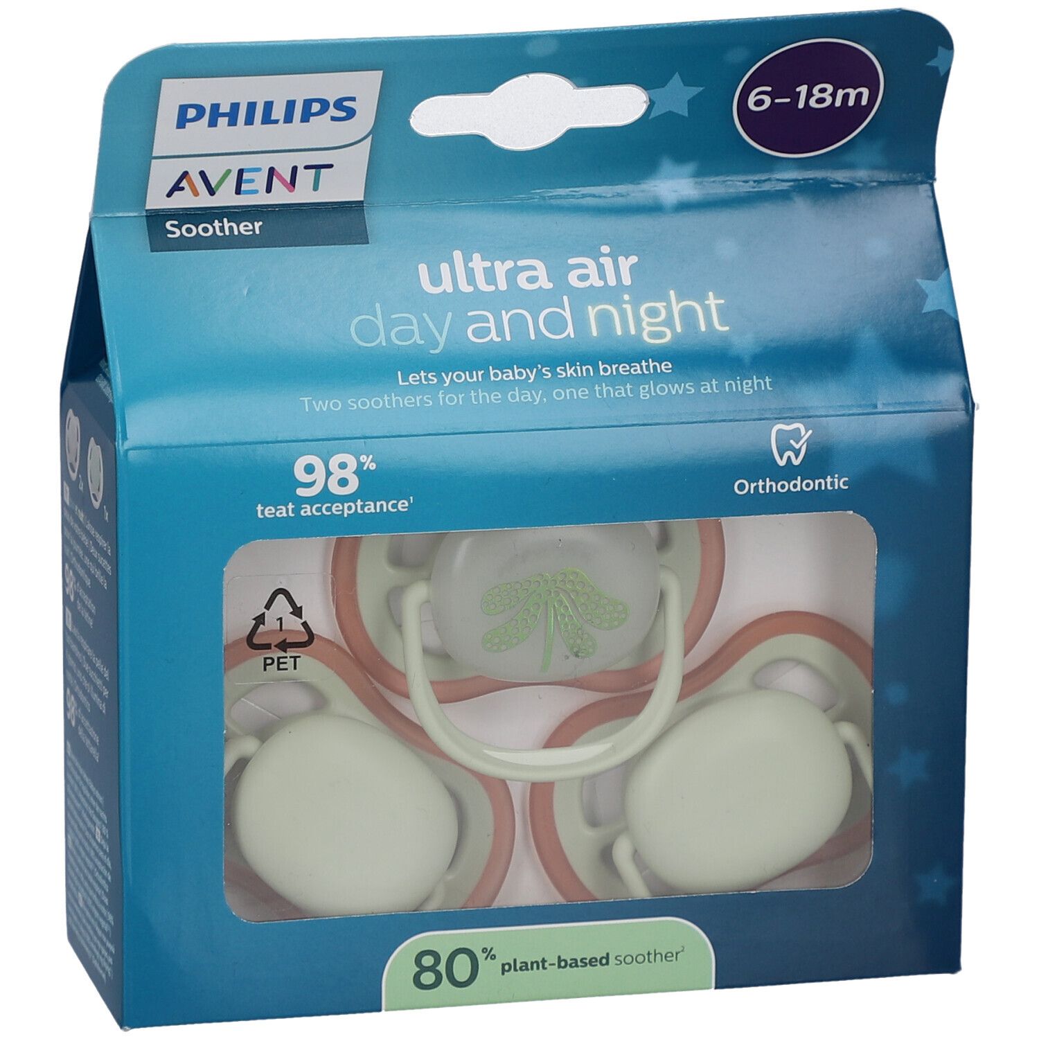 Verpakking Philips Avent fopspenen. Tekst: Ultra Air Day and Night, 6-18m, 98% acceptatie, Orthodontisch. Drie spenen zichtbaar.