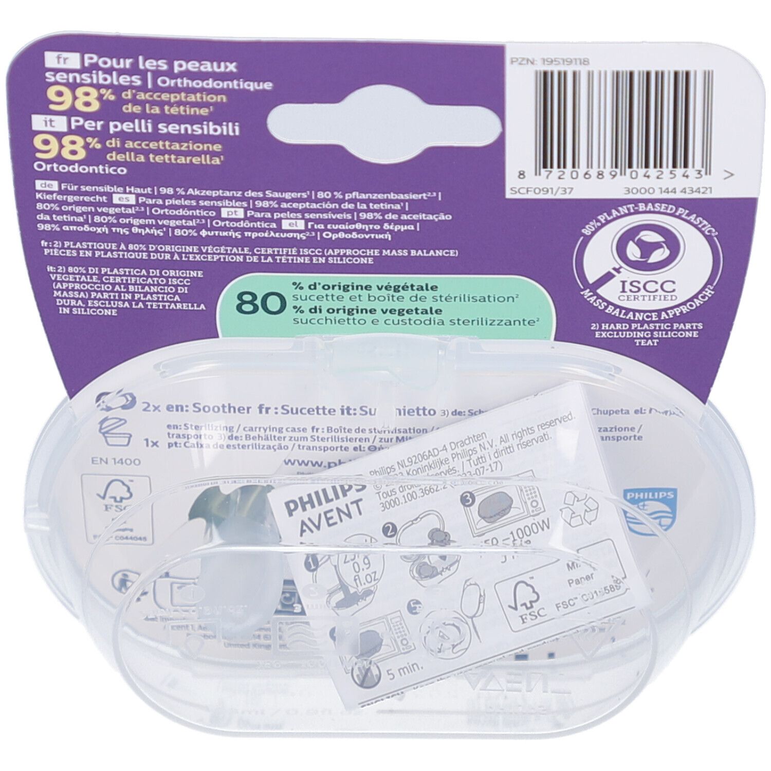 Achterkant van de verpakking met productinfo en barcode. Transparante verpakking met twee fopspenen.