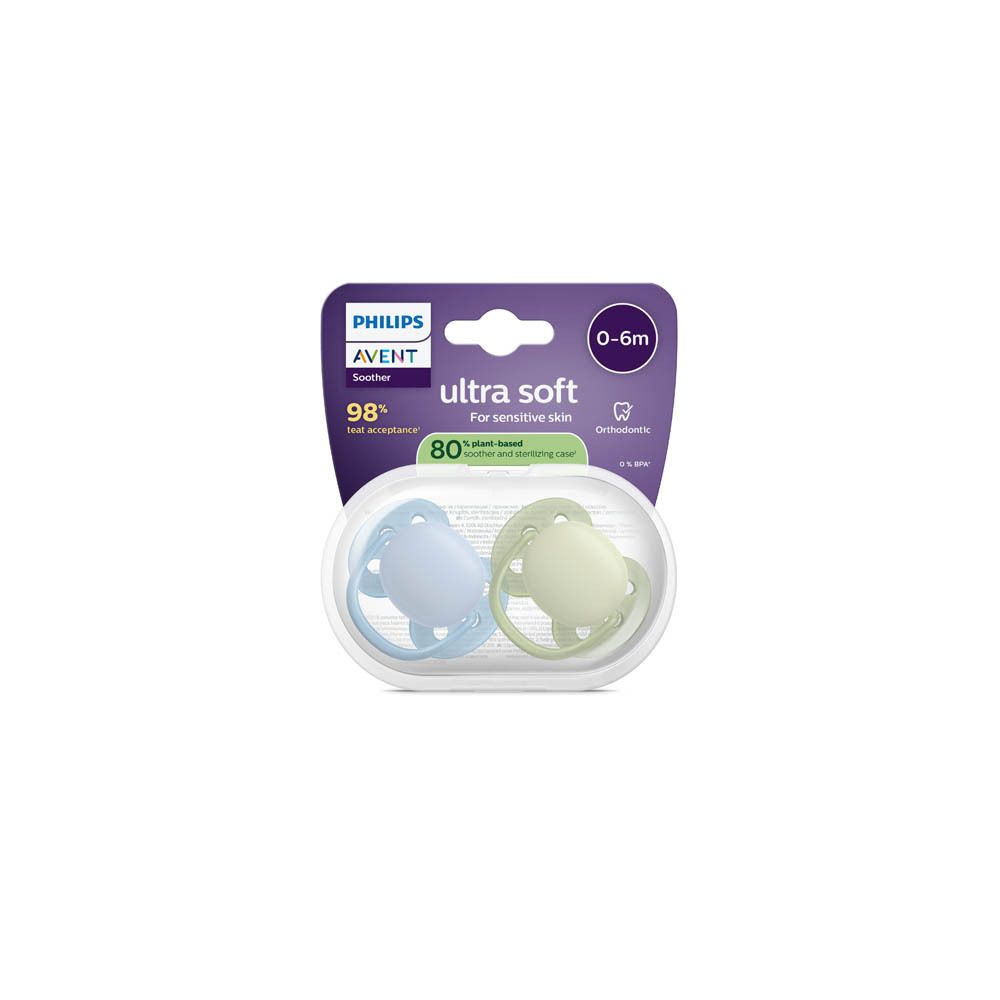 Achterkant van de Philips Avent fopspeenverpakking met productinformatie en certificeringen.