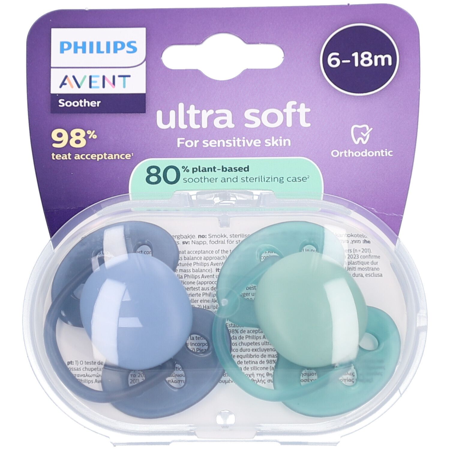 Twee fopspenen in transparante verpakking. Blauw en groen. Opschriften: Philips Avent, ultra soft, 6-18m.