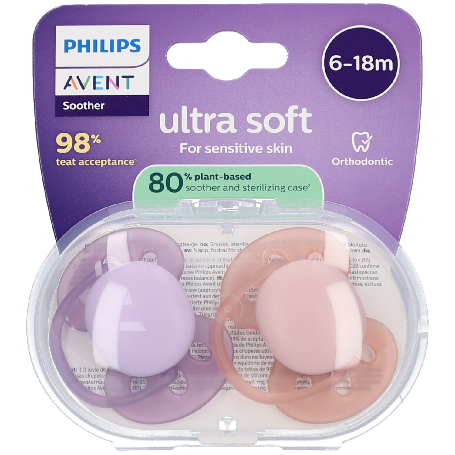 Deux sucettes rose et violet dans un emballage transparent. Informations produit et logo Philips Avent sur l'emballage.