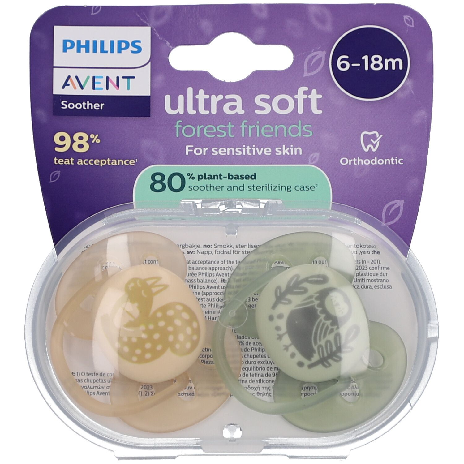 Dubbelverpakking Philips Avent fopspenen. Beige en groene spenen met bosmotieven in transparante verpakking. 6-18 maanden.