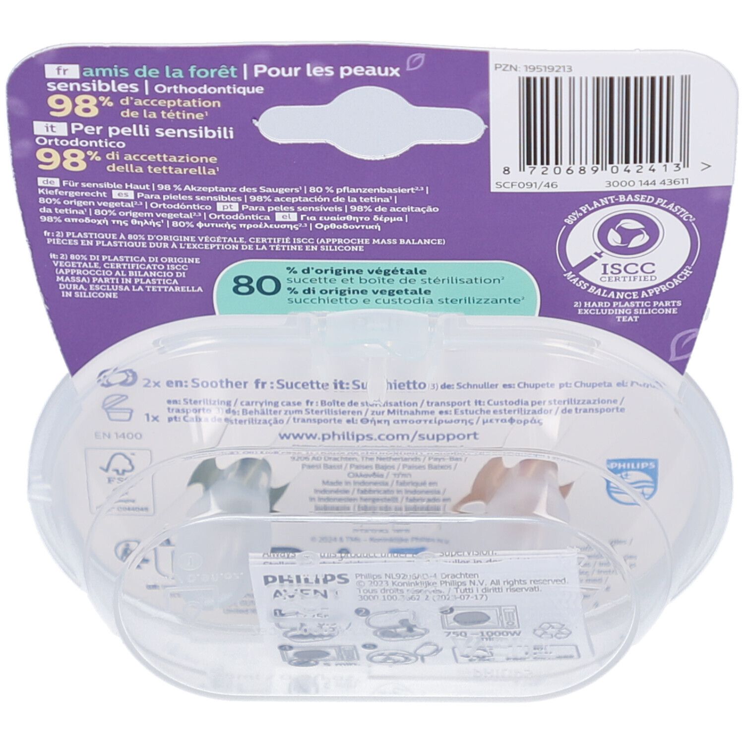 Achterkant van de Philips Avent fopspeenverpakking. Informatie over materialen, certificeringen en instructies. Transparante opbergdoos.