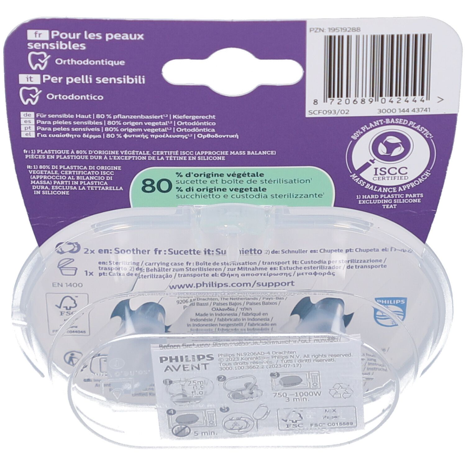 Dos de l'emballage avec informations. Contient du texte multilingue, un code-barres et le logo Philips Avent.