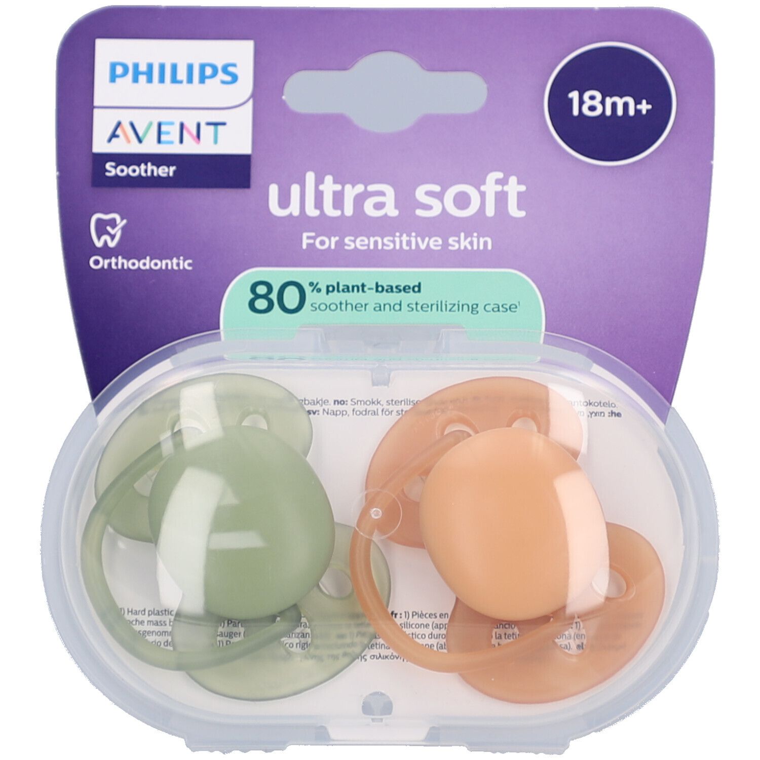 Deux sucettes dans un emballage. Vert et orange. « Ultra soft » pour peaux sensibles. 80% végétal.