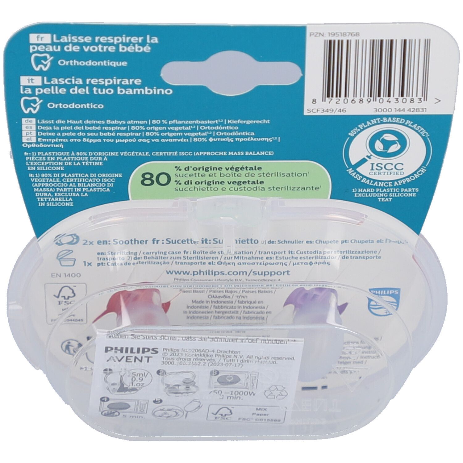 Dos de l'emballage avec informations produit et logo. Deux sucettes visibles dans une boîte transparente.