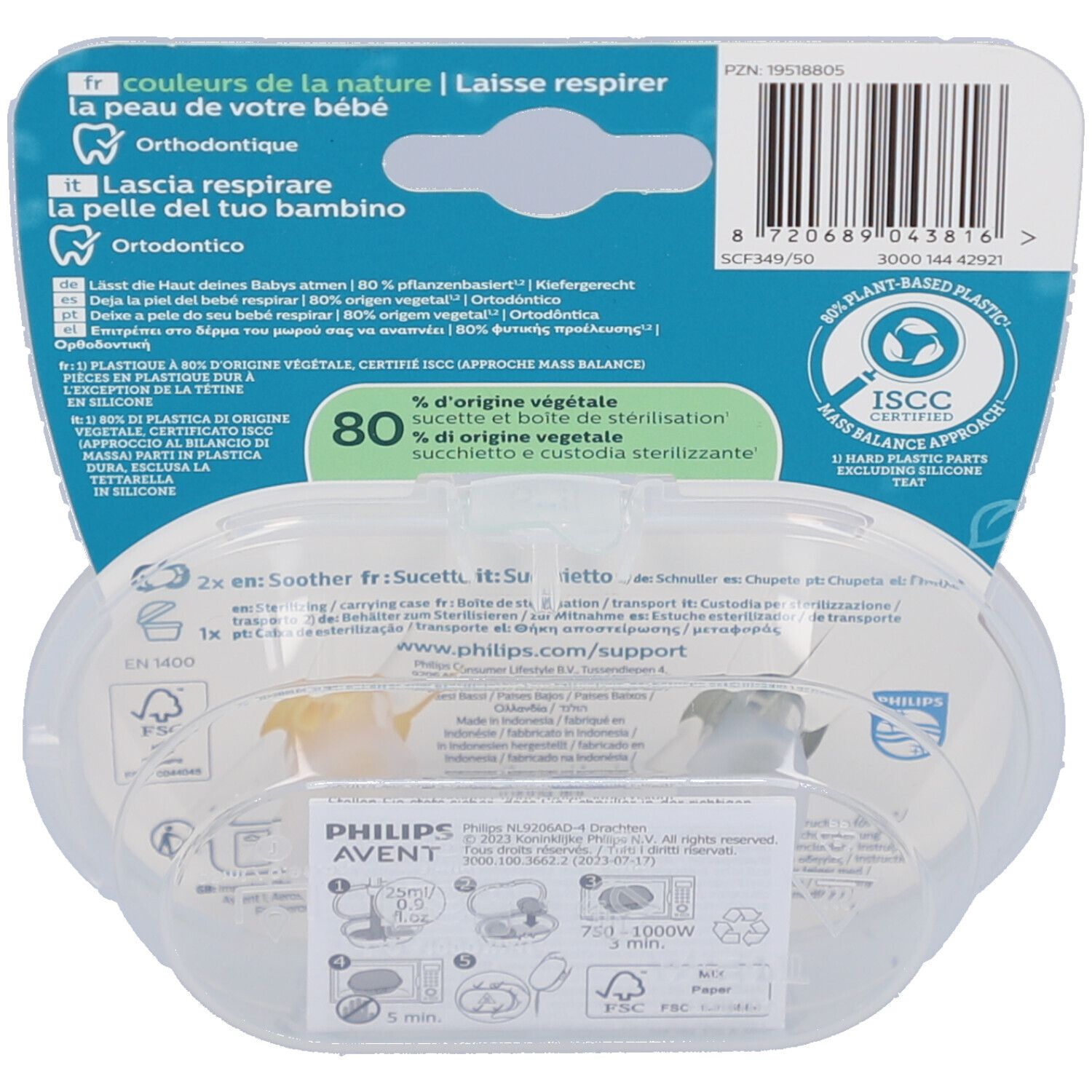 Achterkant van de verpakking met productinformatie. Bevat logo's, meertalige tekst en een afbeelding van de fopspenen.