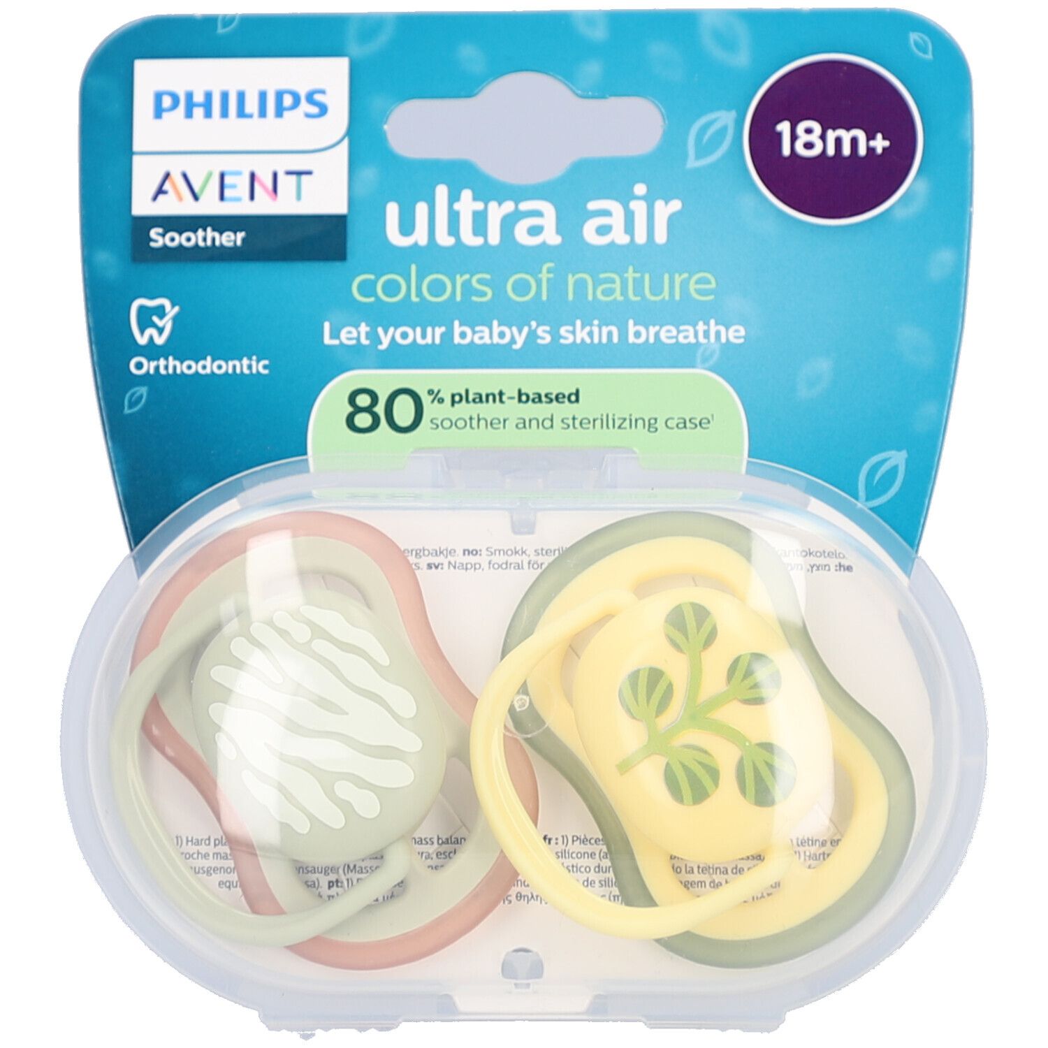 Twee fopspenen in een transparante doos. Verpakking met productnaam en leeftijdsindicatie. Orthodontisch.