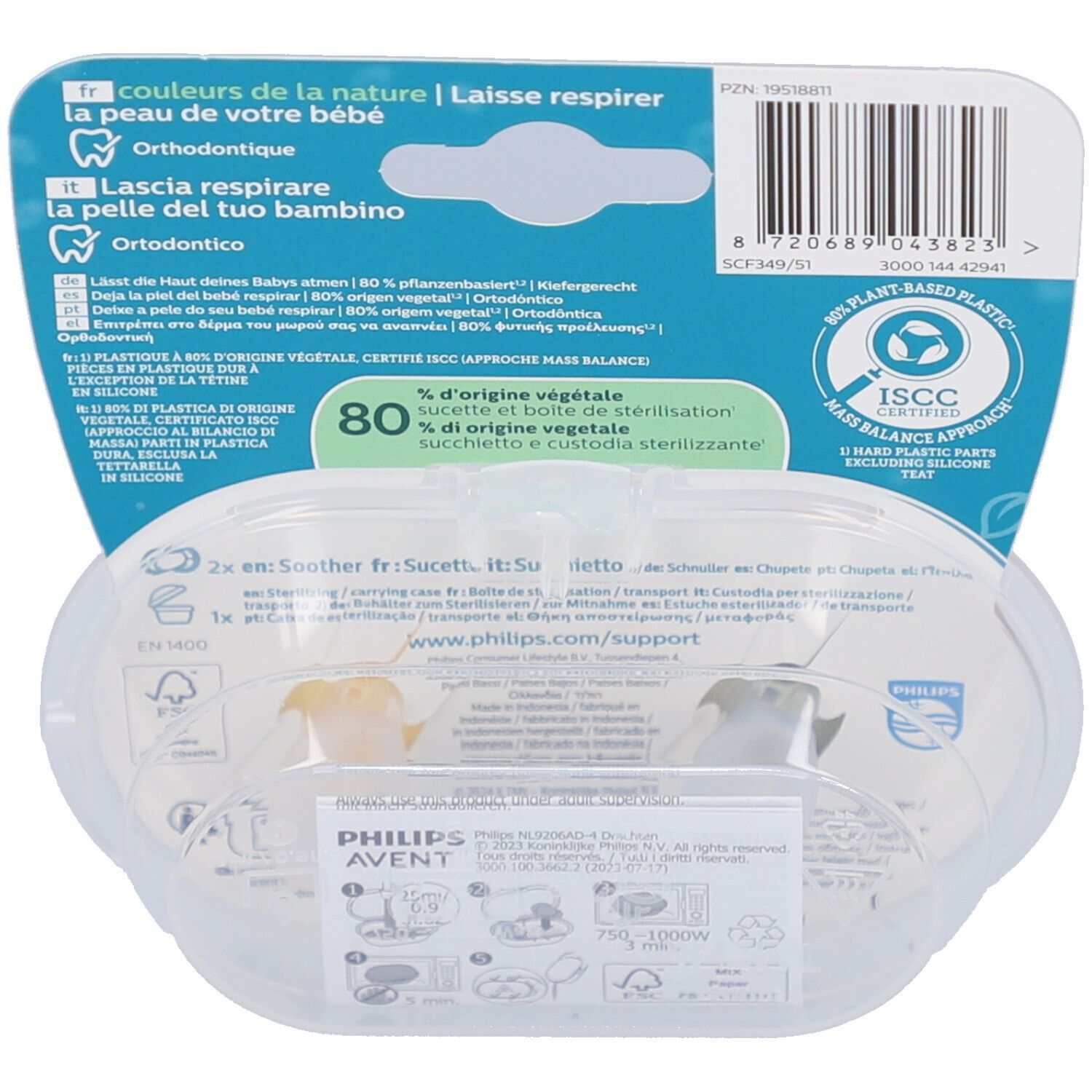 Achterkant van de verpakking met productinformatie en certificeringen. Transparante doos met twee fopspenen.