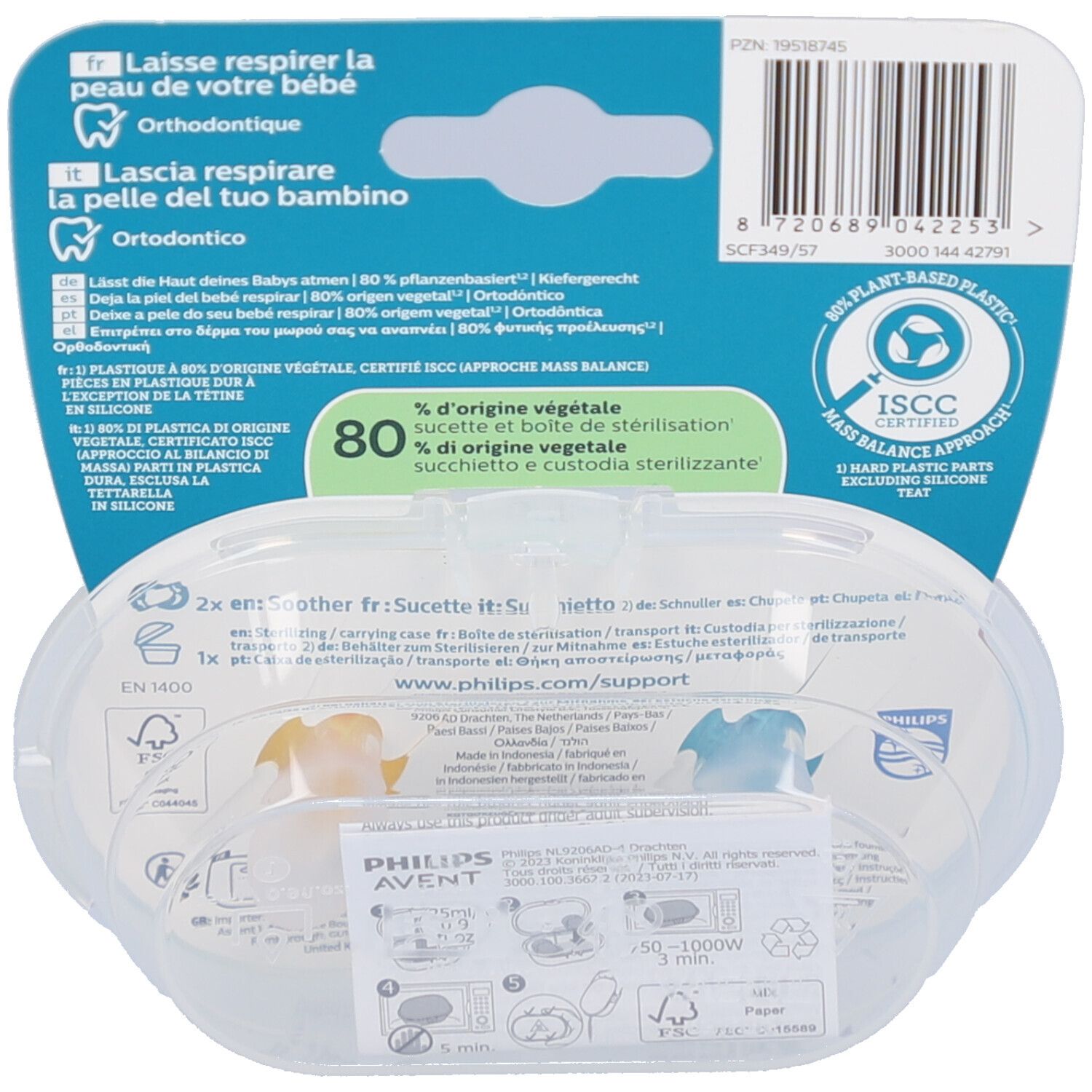 Achterkant van de verpakking met productinformatie en certificeringen. Transparante hoes met twee fopspenen.