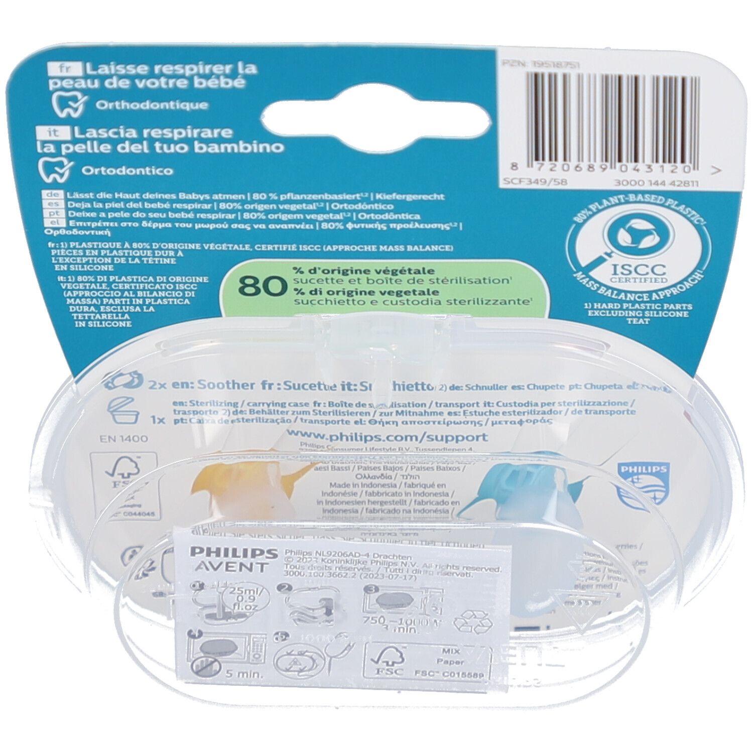 Achterkant van de verpakking met productinformatie en barcode. Bevat een transparante opbergdoos met twee fopspenen.