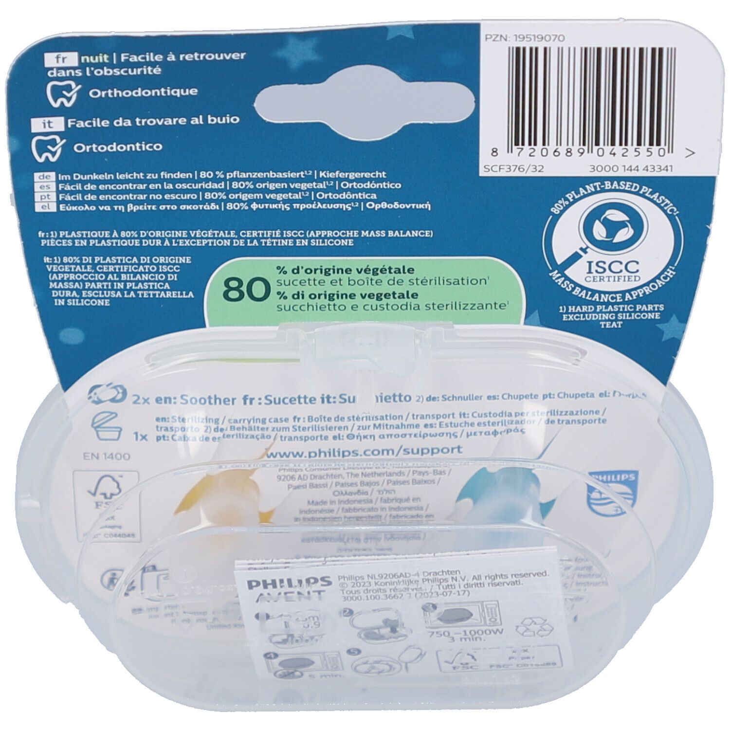 Dos de l'emballage avec texte et code-barres. Certifications et logos. Boîte transparente avec deux sucettes.