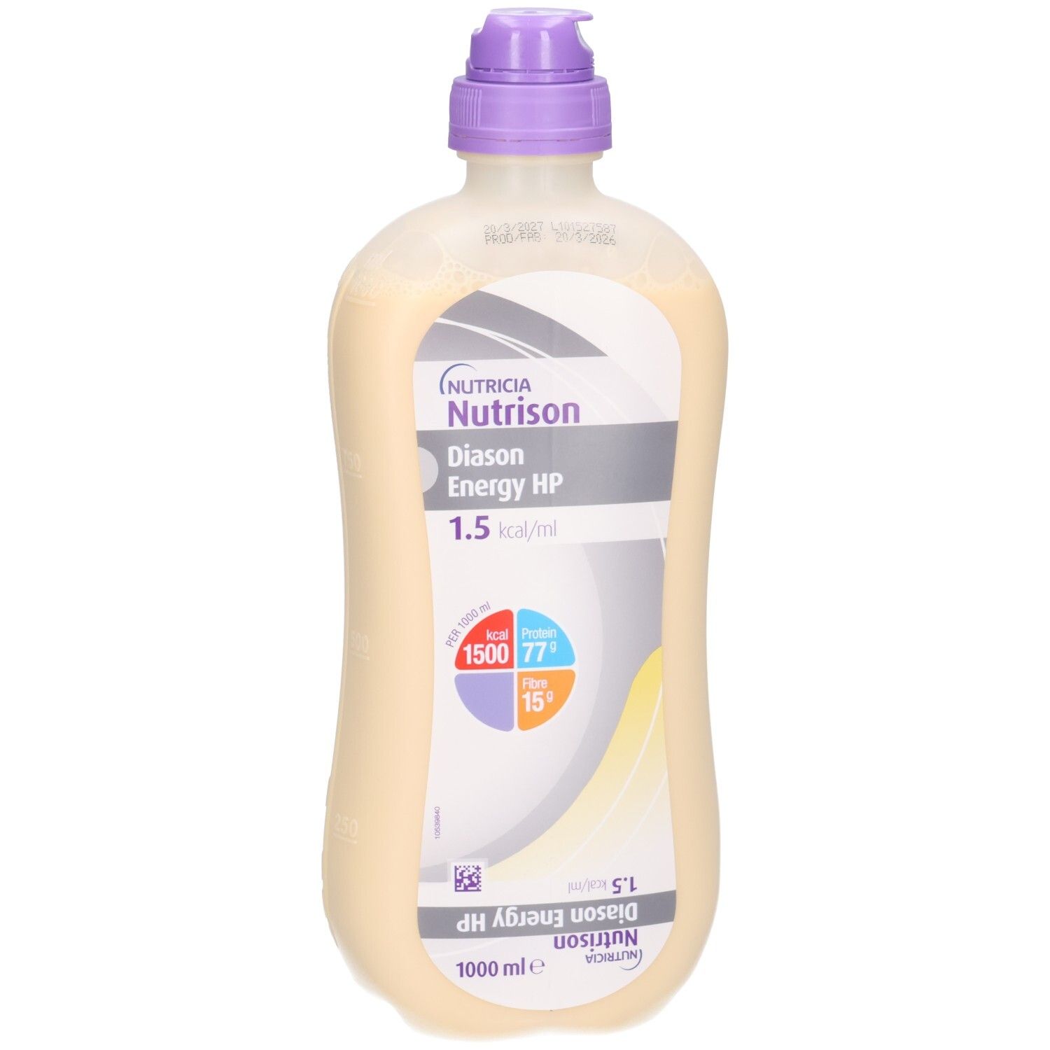 Nutrison Diason Energy HP sondefles, 1000 ml, met paars dopje.