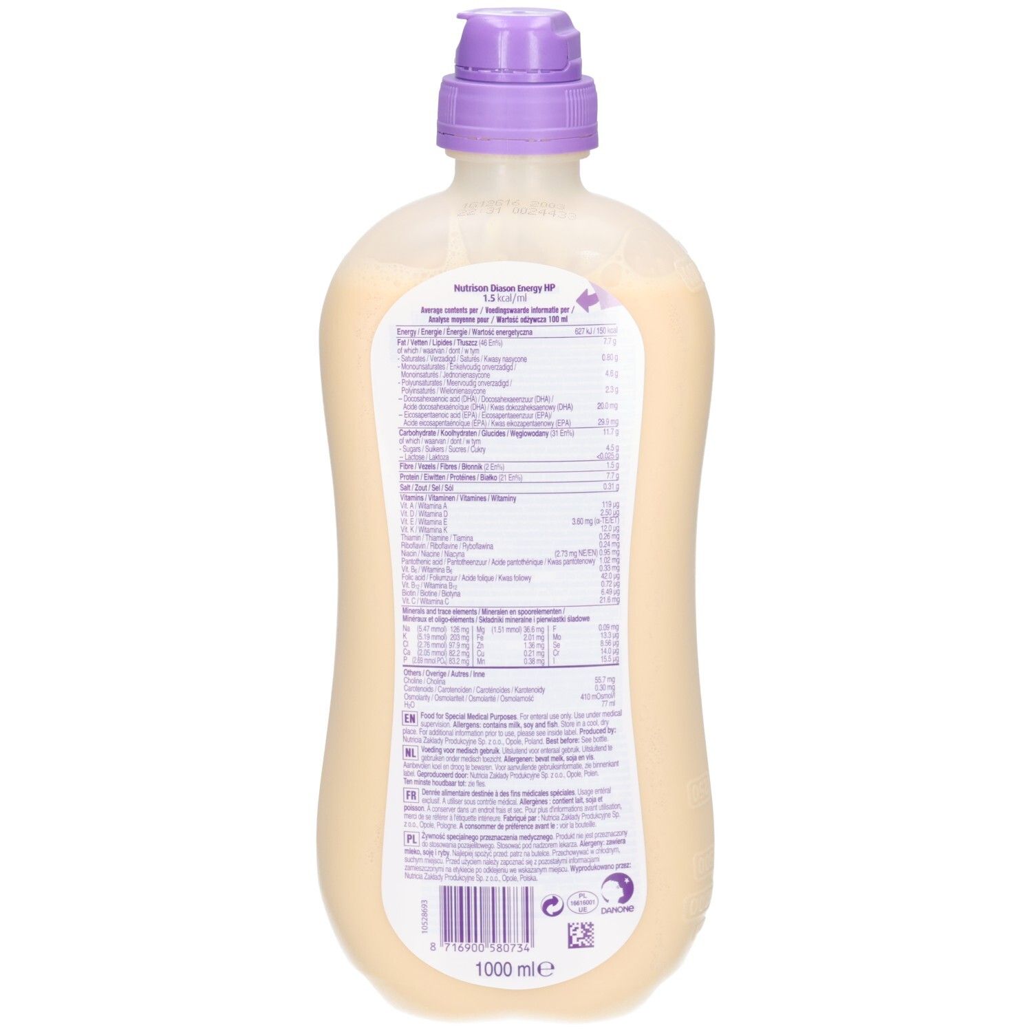 Achterkant van de Nutrison Diason Energy HP sondefles, 1000 ml, met voedingswaarde-informatie.