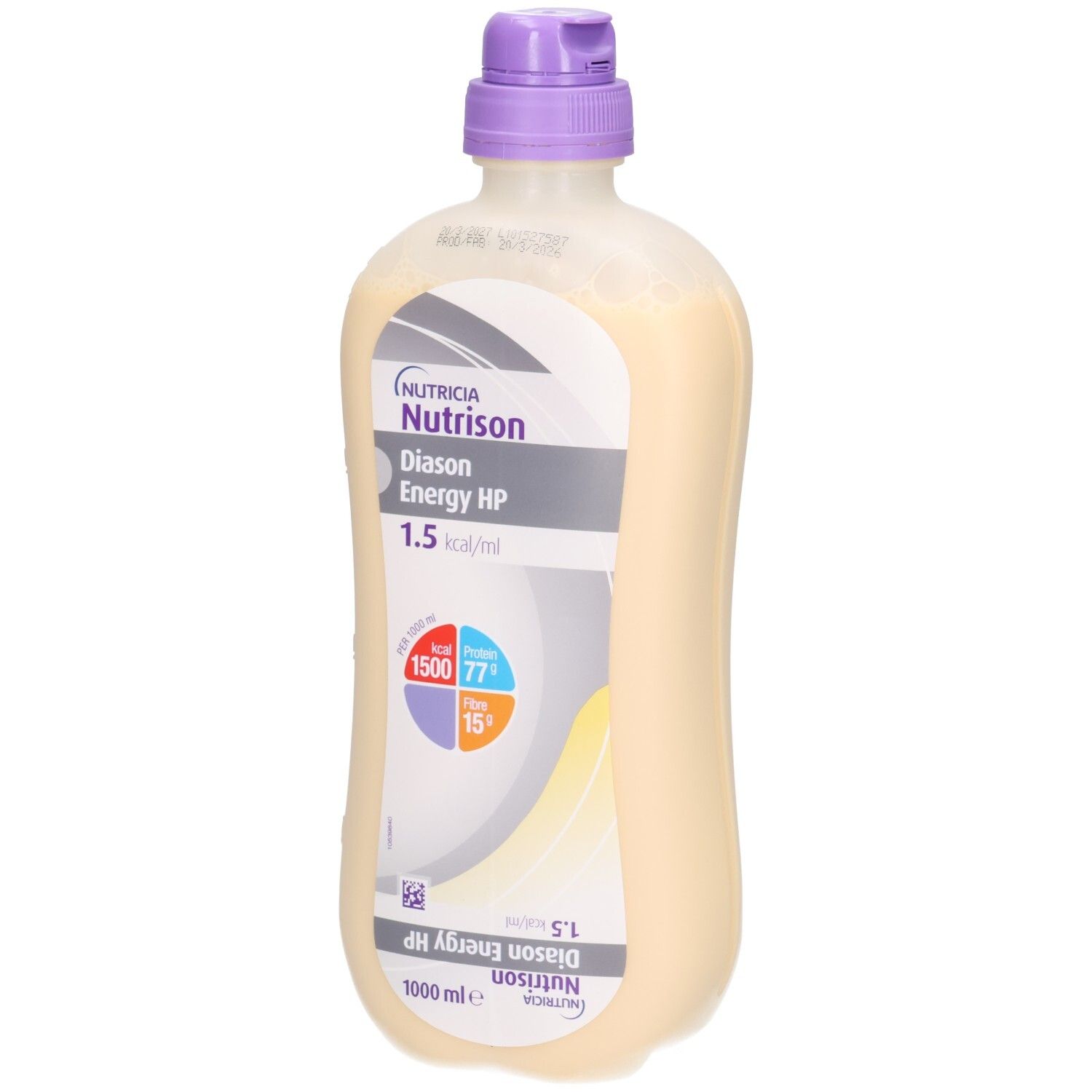 Nutrison Diason Energy HP sondefles, 1000 ml, met paars dopje en voedingswaarde-informatie.