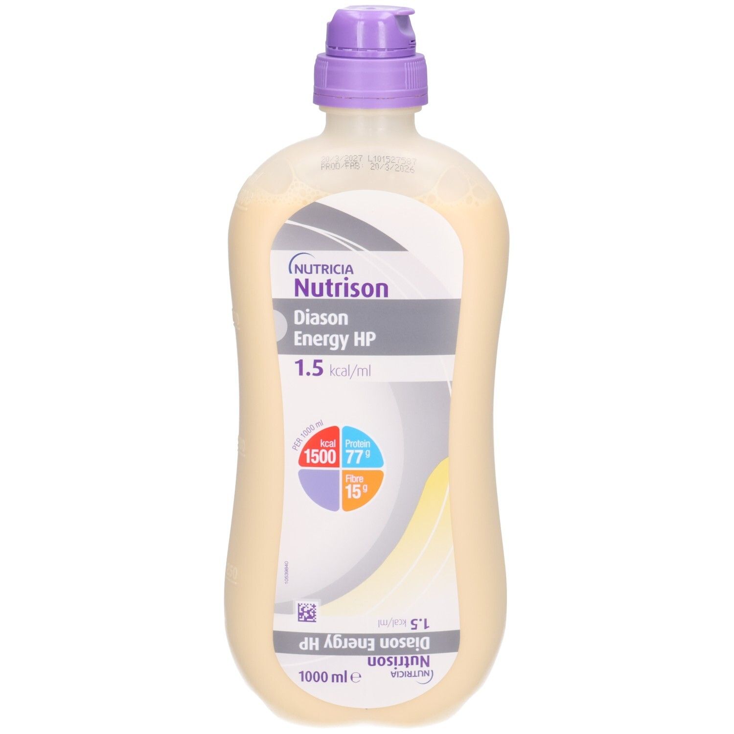 Nutrison Diason Energy HP sondefles, 1000 ml, met paars dopje.