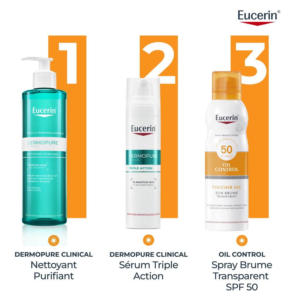 Eucerin Dermopure : Gel nettoyant, sérum et spray solaire SPF 50.