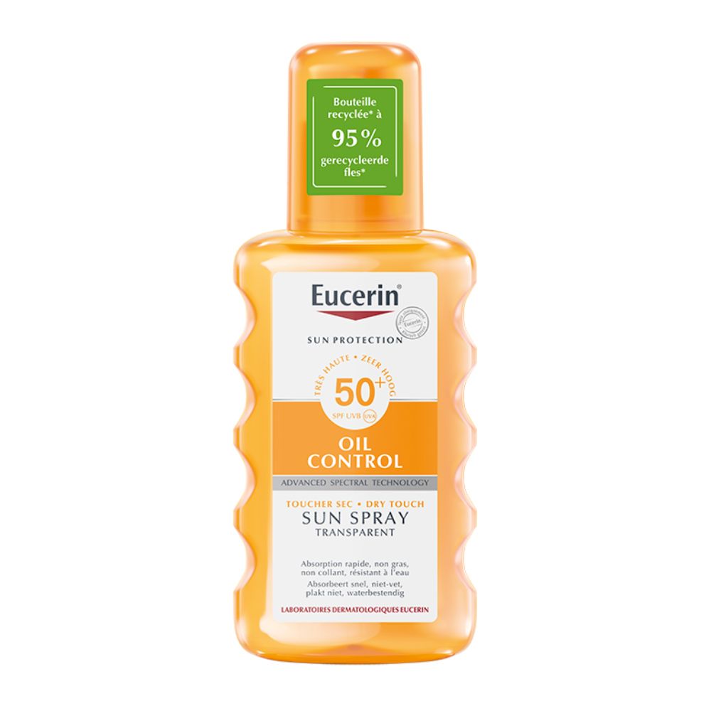 Eucerin Sun Oil Control SPF 50+ Spray. Flacon orange avec étiquette verte. 95% de plastique recyclé.
