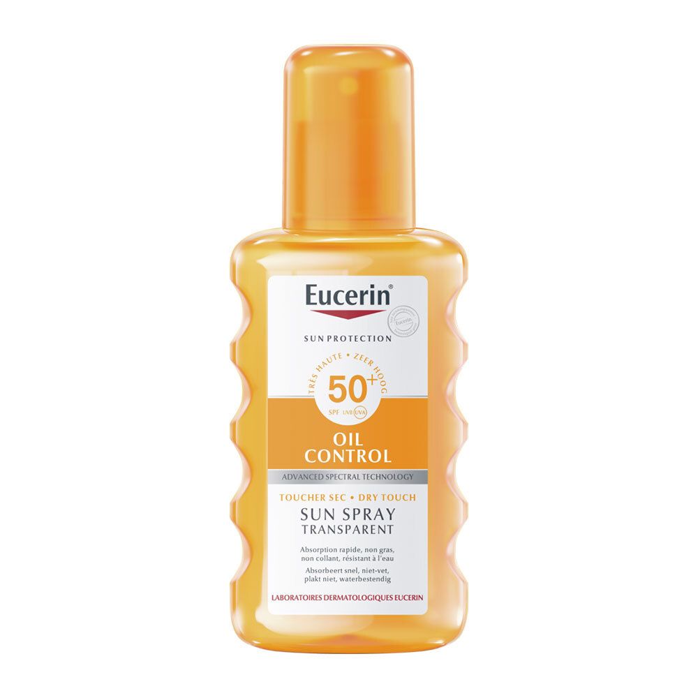 Eucerin Sun Oil Control SPF 50+ Spray. Oranje fles met spraykop. Productnaam en SPF-waarde duidelijk zichtbaar.
