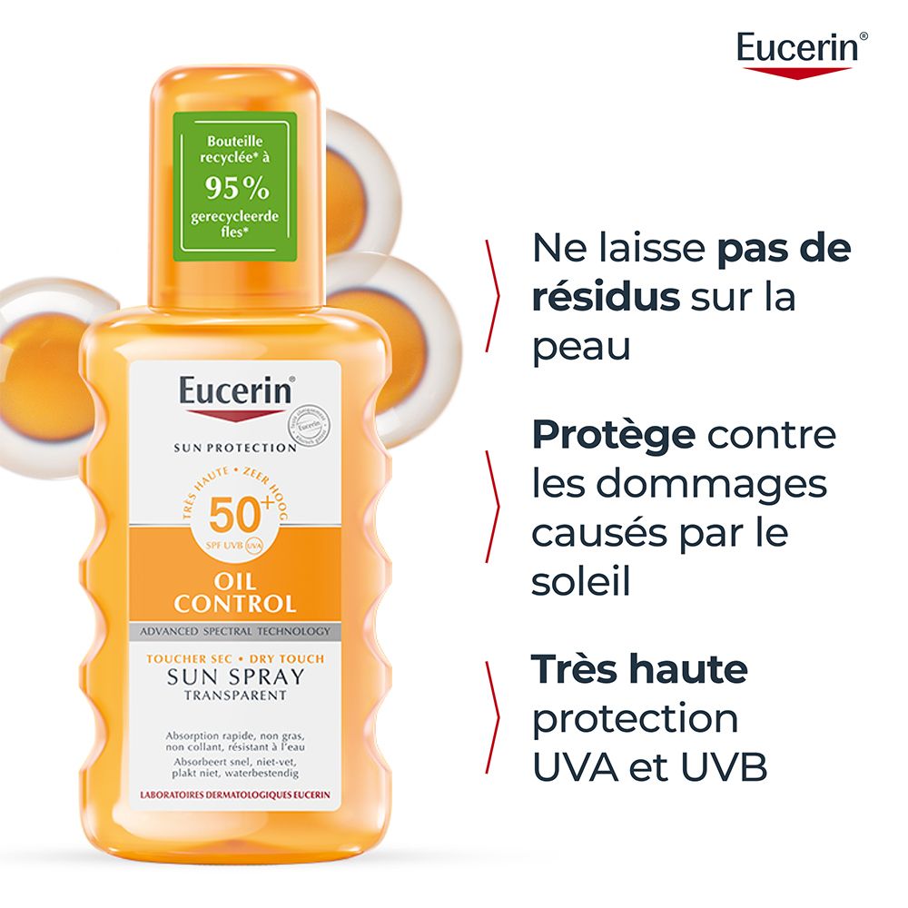 Eucerin Sun Oil Control SPF 50+ Spray. Caractéristiques: protège, pas de résidus, haute protection.