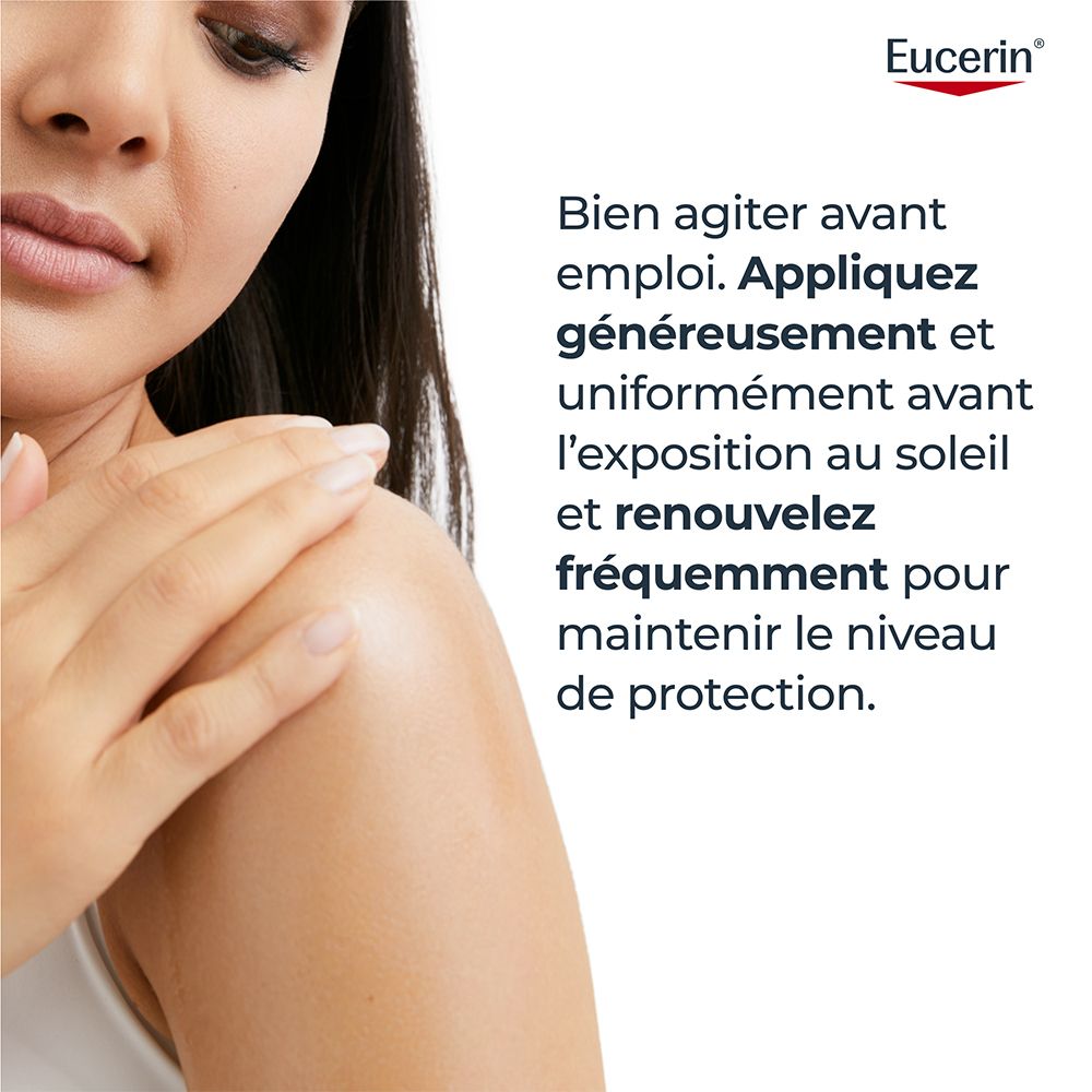 Eucerin Sun Oil Control SPF 50+ Spray. Personne appliquant le produit. Texte: Appliquer généreusement.