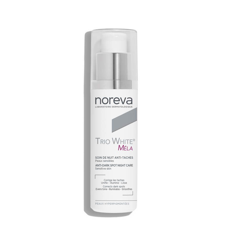 Soin de nuit anti-taches Noreva Trio White Mela en flacon pompe.