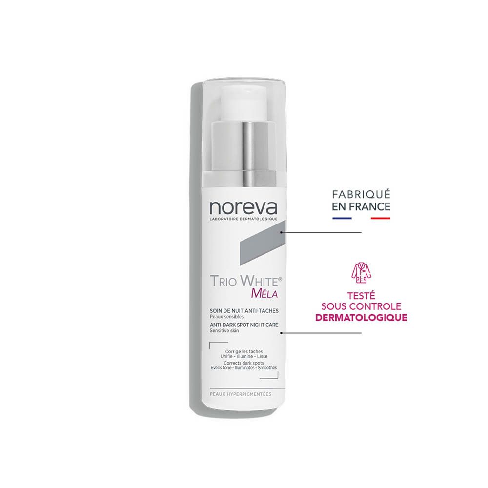 Soin de nuit anti-taches Noreva Trio White Mela avec "Fabriqué en France" et "Testé sous contrôle dermatologique".
