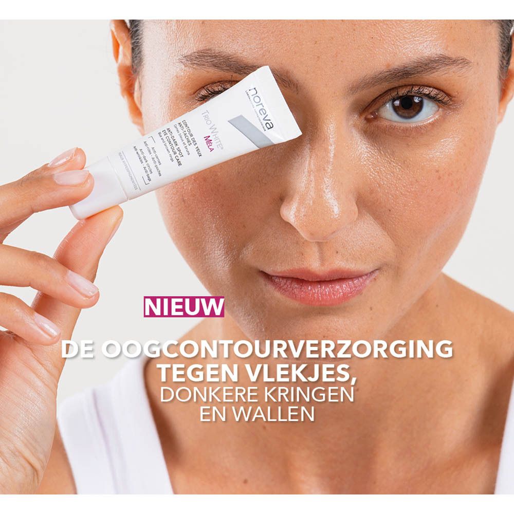 Vrouw met tube Noreva Trio White Mela, tekst "Nieuw".