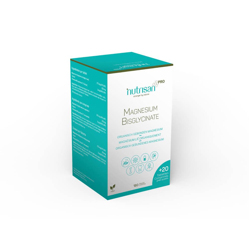 Productverpakking. Opschrift: Nutrisan Magnesium Bisglycinate, 180+20 tabletten. Groen en wit.