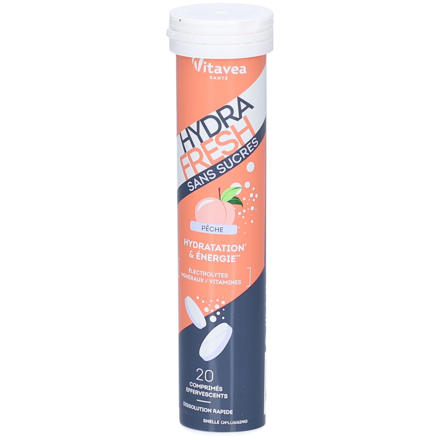 Cilindrische tube met bruistabletten. Opschrift: HYDRA FRESH, perzik, 20 tabletten. Merk: Vitae. Witte dop.