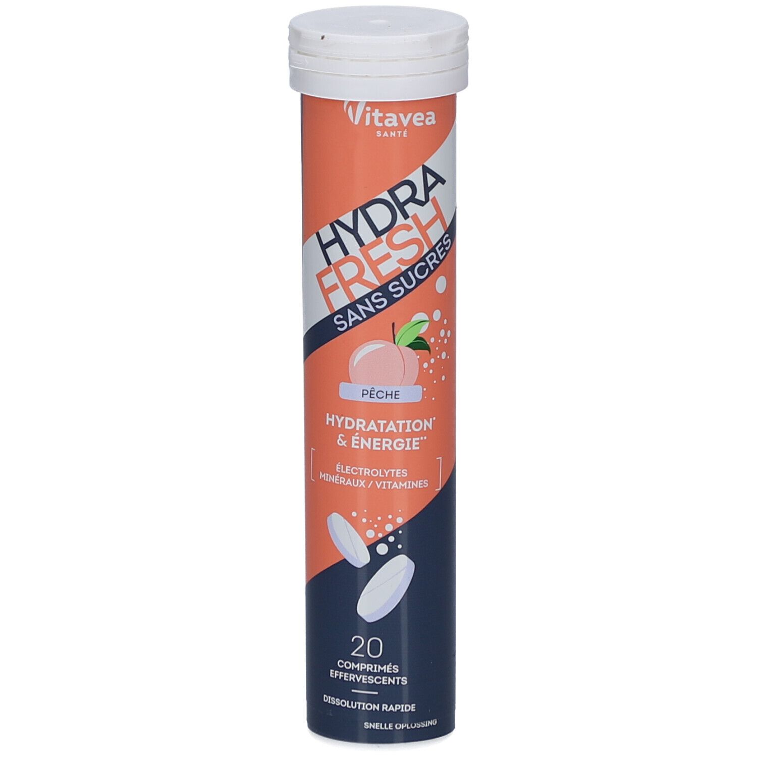 Cilindrische tube met bruistabletten. Opschrift: HYDRA FRESH, perzik, 20 tabletten. Merk: Vitae. Witte dop.