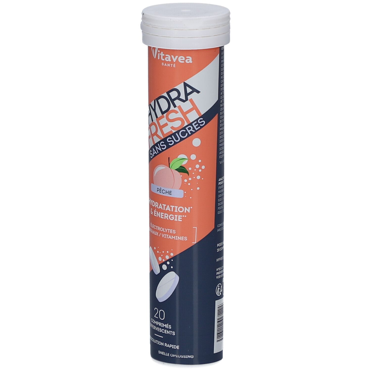 Cilindrische tube met bruistabletten. Opschrift: HYDRA FRESH, perzik, 20 tabletten. Merk: Vitae. Witte dop.