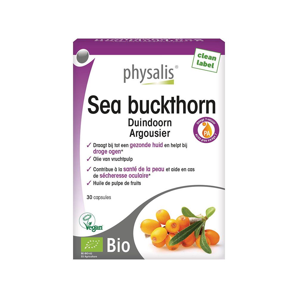 Verpakking "Physalis Sea buckthorn Bio" met 30 capsules. Bio- en vegan-logo. Illustratie van duindoorn.